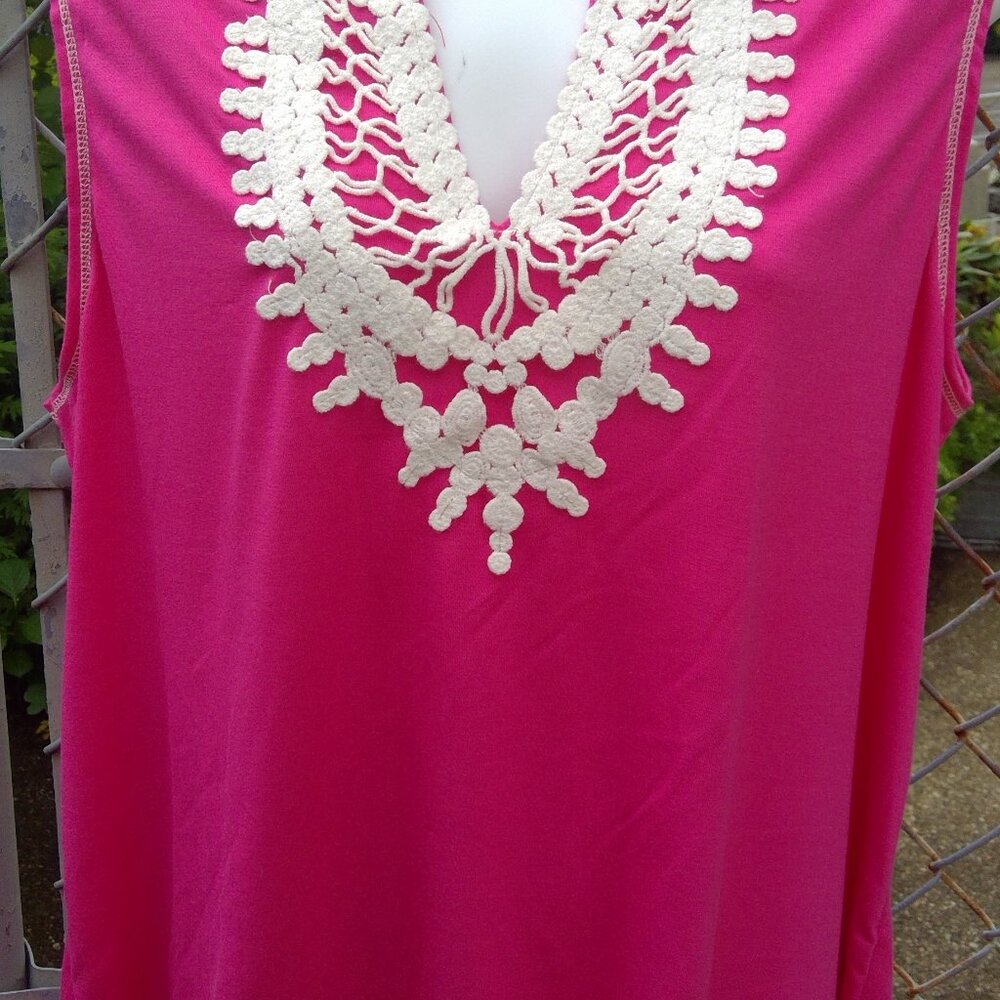 Peck & Peck Beetroot Purple Tee with Ivory Cotton Embroidery Size L NWT
